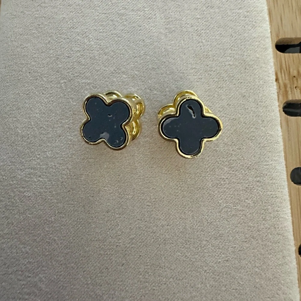 Chic Gold and Black Clover Earrings - Picture 2 of 5